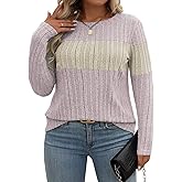VISLILY Plus-Size-Womens-Tops Casual Color Block Long Sleeve Shirts Lightweight Knit Pullover Sweaters Trendy Tunics Blouses