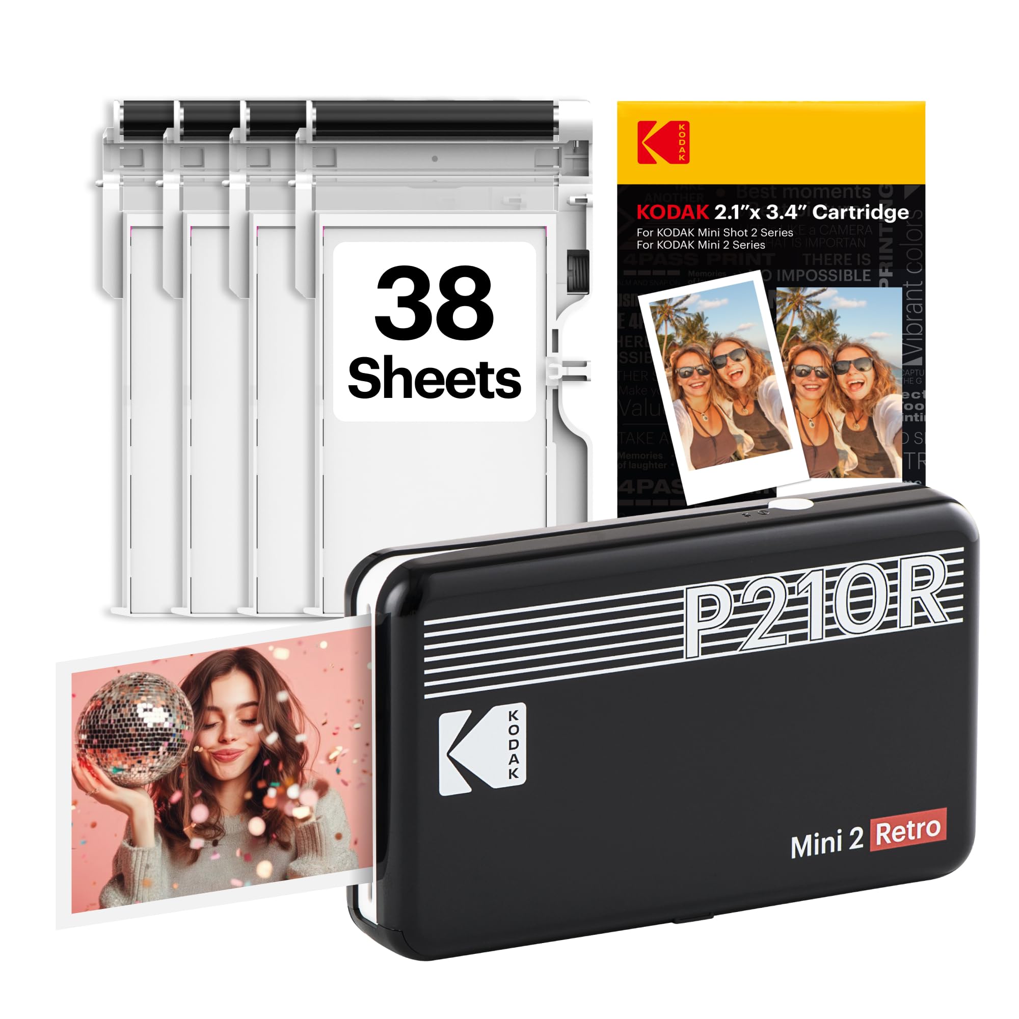 KODAK P210R Mini 2 Retro, Mini Photo Printer 2.1x3.4, 68 Photos Included, Wireless Bluetooth, Compatible With iOS & Android Smartphones, 4PASS Printing Technology, Black