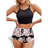 Herseas Women's Floral Print Drawstring Boyshorts Swimsuits Criss Cross Top Bikini Sets High Waisted Two Pieces Bathing Suits