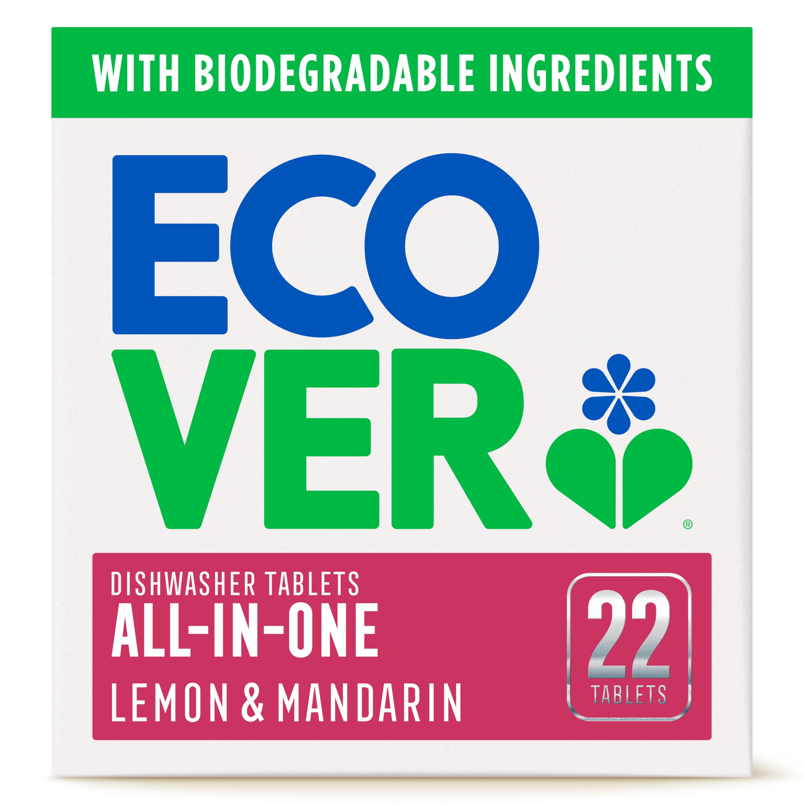 Ecover All in One Dishwasher Tablets, Contains Salt & Rinse Aid, Powerful Cleaning, Lemon & Lime Scent, Pack of 1, 22 Tablets