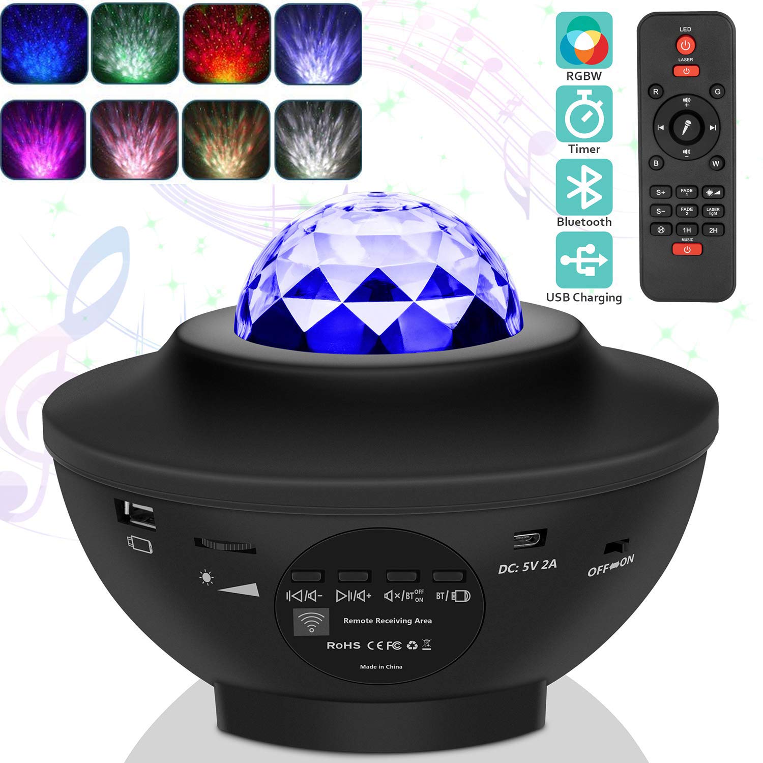 AONCO LED Star Light Projector, 2 in 1 Rotating Starry Lamp & Ocean Wave Projector with Remote Control 10 Colors Changing Music Bluetooth Speaker Timer for Kids Adults Halloween Christmas Gifts