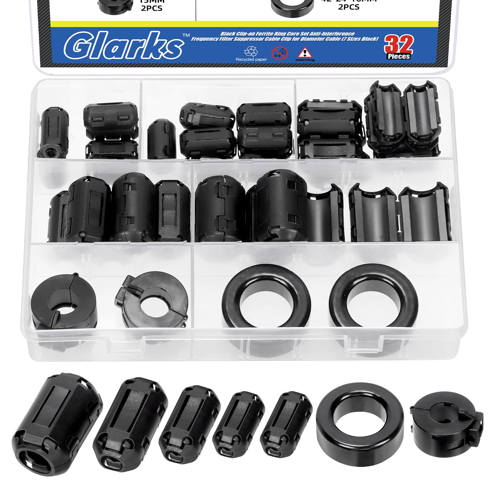 GLARKS 32pcs Black Clip-on Ferrite Ring Core Set Includes 28pcs 3.5/5/7/9/13MM Inner Diameter Cable Clips RFI EMI Noise Suppressor Cable Clips 2pcs 42 x 24 x 16MM Toroid Cores 2pcs 15MM Ferrite Cores