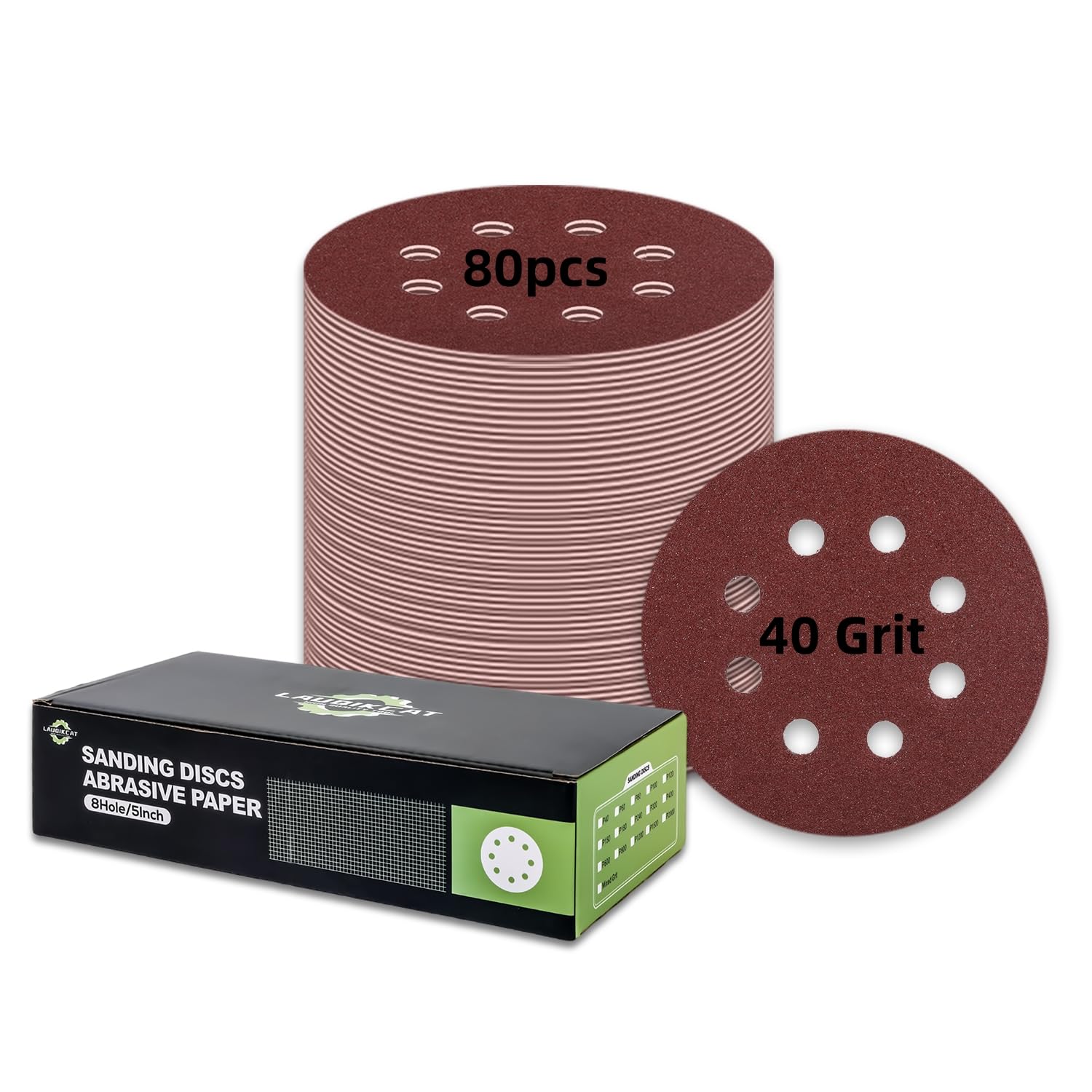 80 pcs Sanding Discs - 5 inch/125 mm, 8 Holes, Hook and Loop Sanding Pads for Random Orbital Sanders,Red Brown-40 Grit