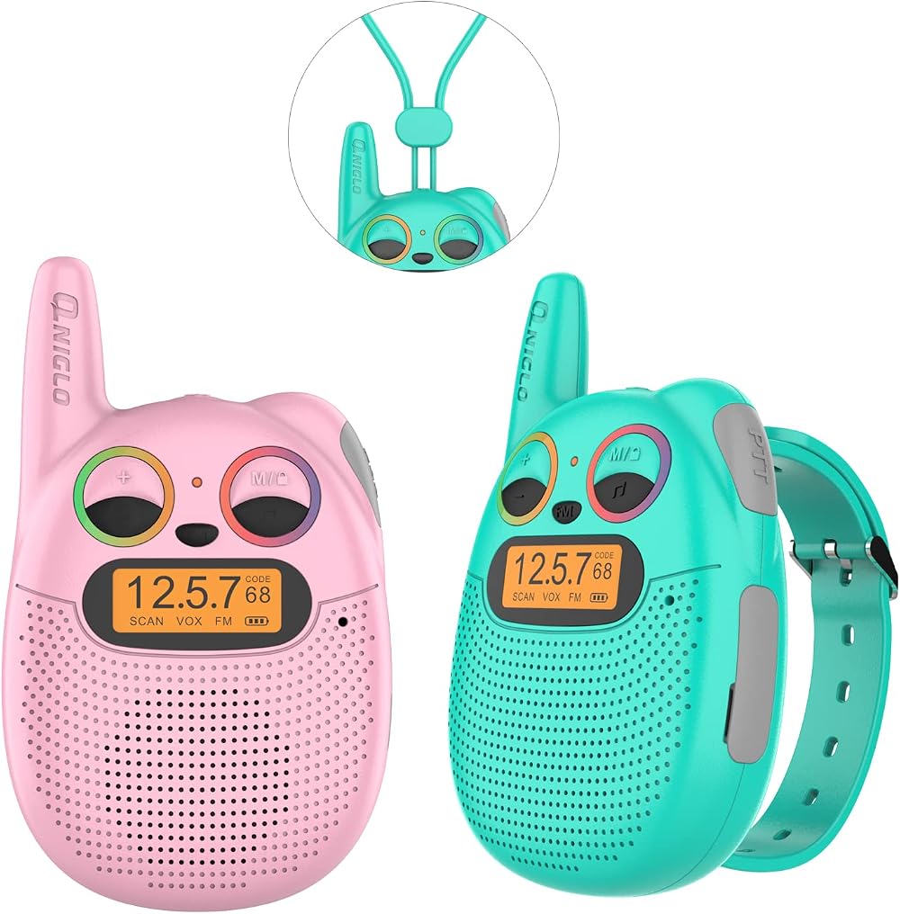 QNIGLO Rechargeable Kids Walkie Talkies Watch FM Radio 2 Mile Range LED Eyes Toy