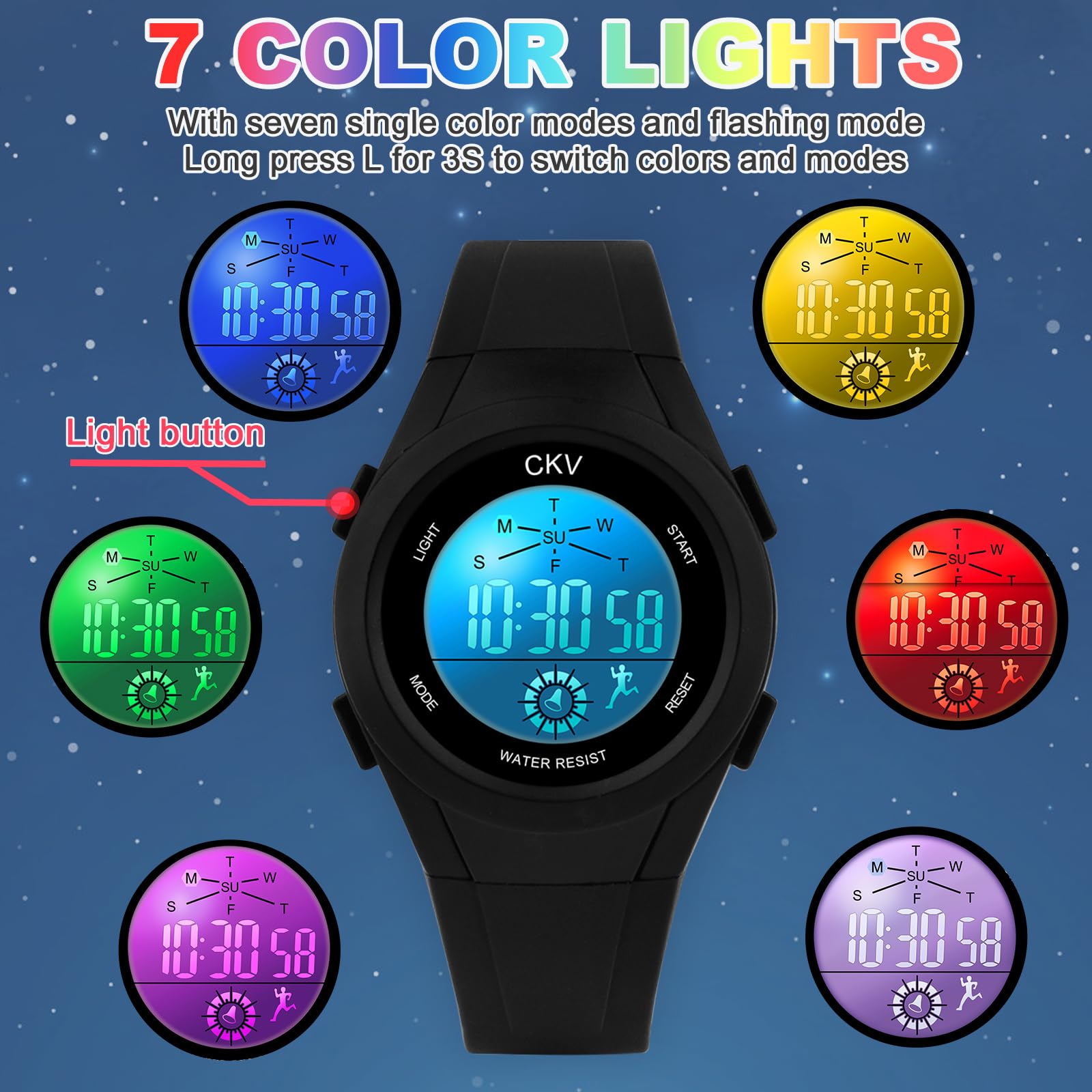 CKV Kids Digital Watch for Girls Boys with 7 Colors LED Lights 30 M Waterproof Children's Outdoor Wristwatch with Alarm and Stopwatch