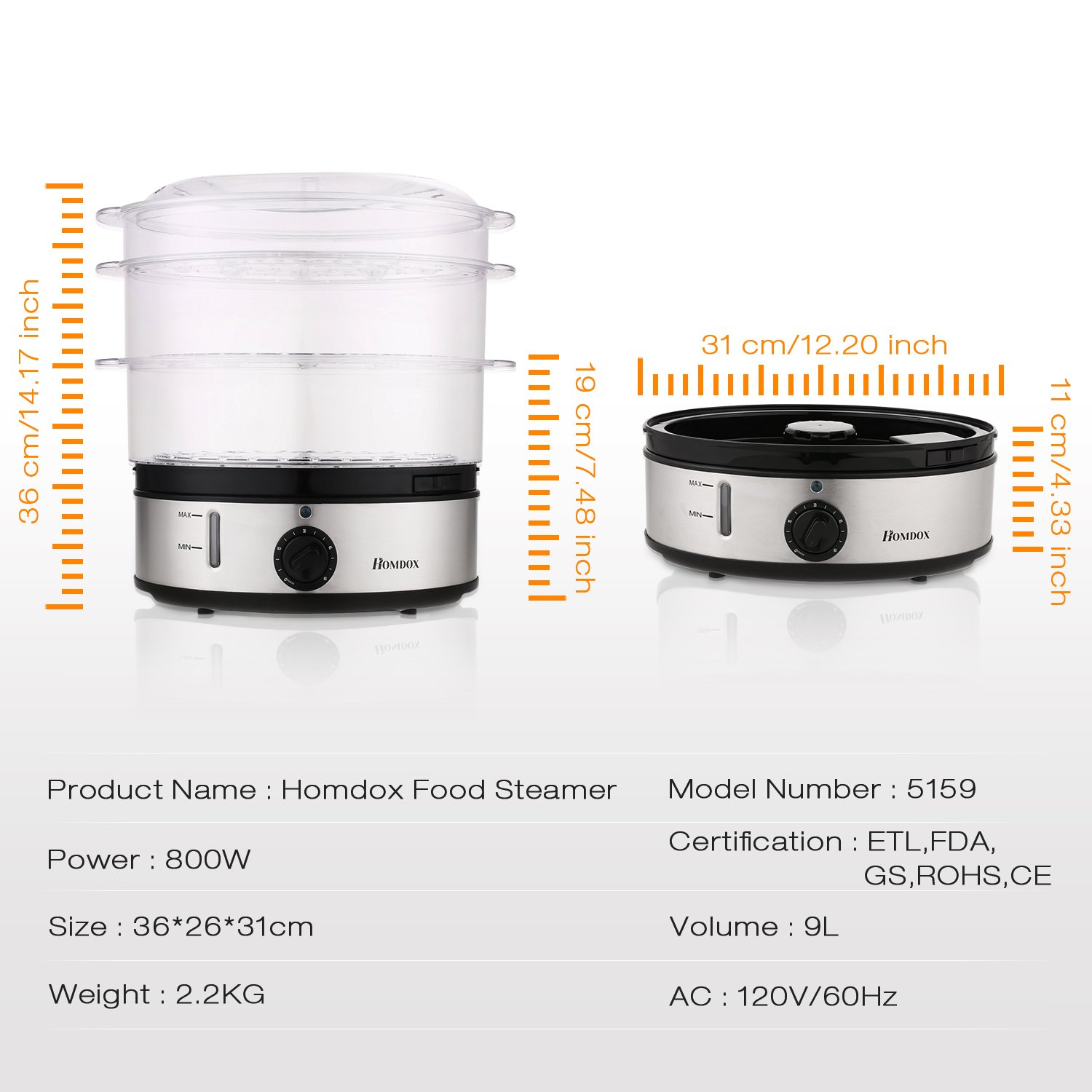 Homdox HM5159 Healthy Food Steamer with Timer,9.5 Quart and 800W