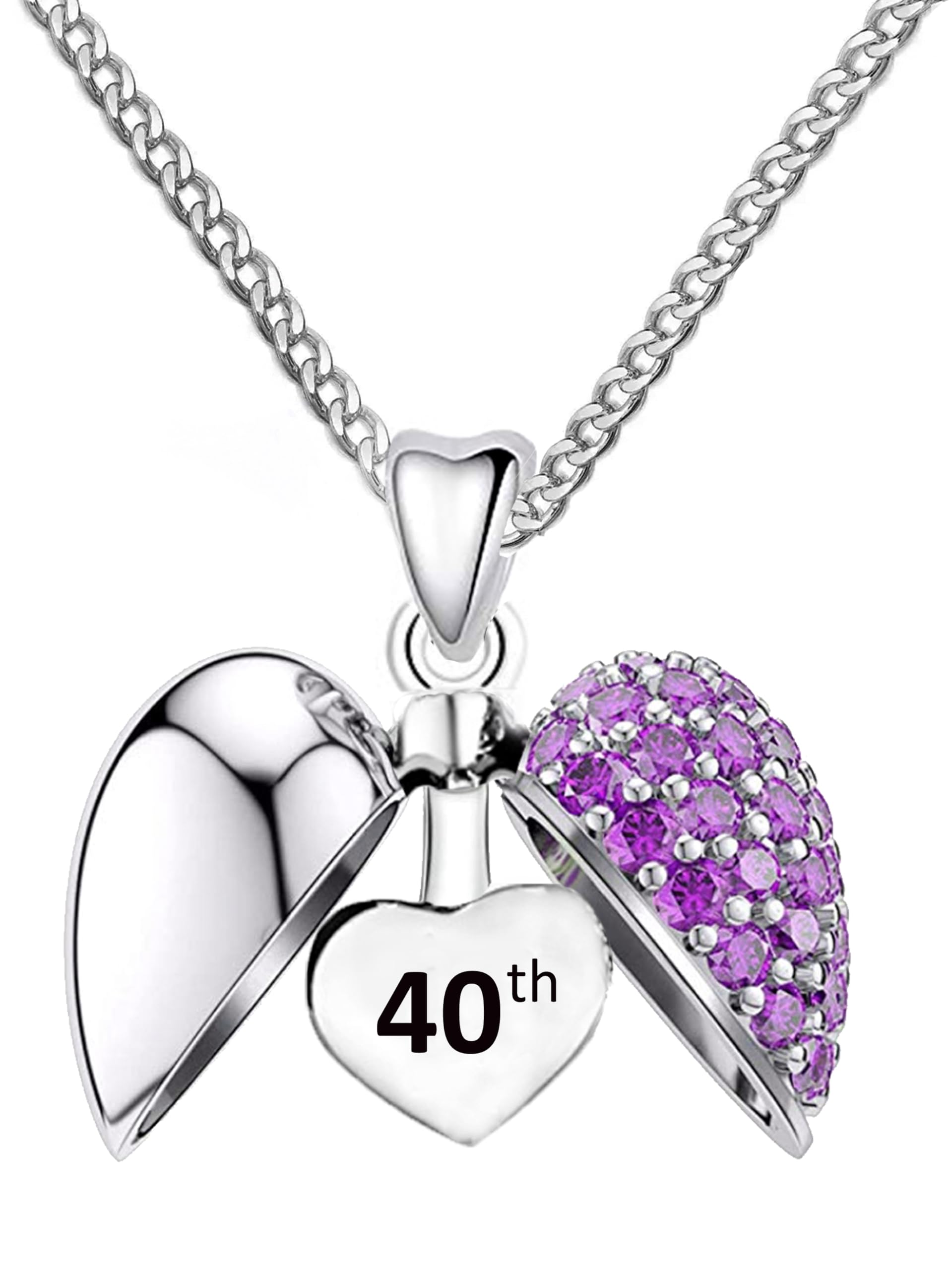 LSDesigns 40th Necklace 925 Sterling Silver Happy 40 Birthday Purple Crystal Heart Charm Pendant & 20" (50cm) Rhodium Plated Curb Link Chain Women Her - Gift Boxed