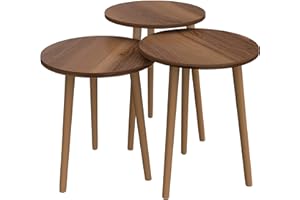 PAK HOME Set of 3 Walnut Wood Legs Nesting End Tables Round Wood Stacking Coffee Side Accent Table with Metal Legs for Living Room, Home - Office, Nightstands for Bedroom