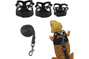 KABASI Bearded Dragon Harness Leash Set, 3 Size Adjustable Lizards Training Walking Leather Vest Escape-Proof Traction Rope for Squirrel and Other Outdoor Small Reptiles (Black)