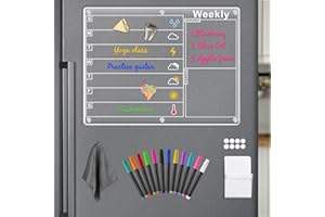 SMARPAU Magnetic Acrylic Calendar for Fridge 15.8"X11.8" Acrylic Magnetic Dry Erase Board Clear Weekly Planning Board for Refrigerator Set Includes 12 Colorful Markers Pen Holder and Erase Towel