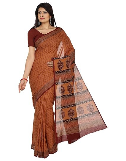 Finest Quality Cotton - Handmade Deep Orange, Black and Maroon Booti Bagh Block Print Saree with Blouse Piece