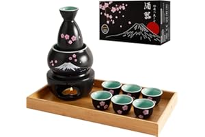 DUJUST 10 pcs Japanese Sake Set with Warmer for 6, Sakura & Fuji Design Porcelain Sake Set, 6 Sake Cups, 1 Bottle, 1 Warmer, 