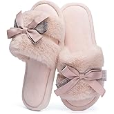 GOEWY Cute Bow Slippers for Women with Memory Foam Open Toe Fuzzy House Slippers Indoor Outdoor Anti-Skid Soft Birthday Gifts for Women Mom