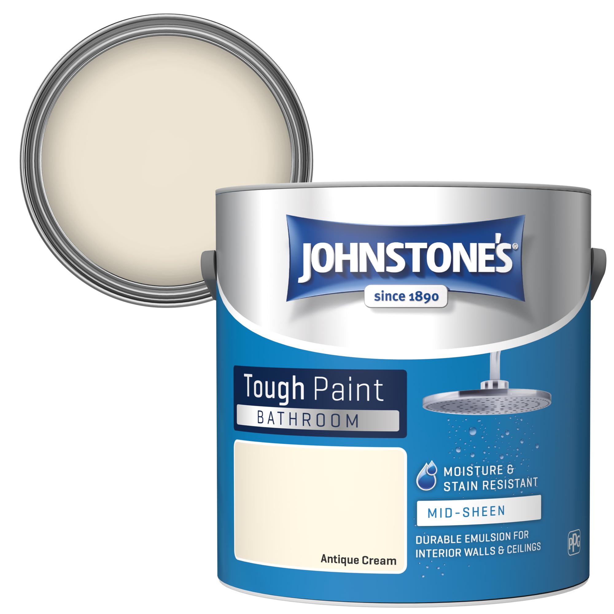 Johnstone's - Bathroom Paint - Antique Cream - Mid Sheen Finish - Stain Blocker Paint - Use in Moist & Damp Areas - Low Odour- Dry in 1-2 Hours - 12m2 Coverage per Litre - 2.5L