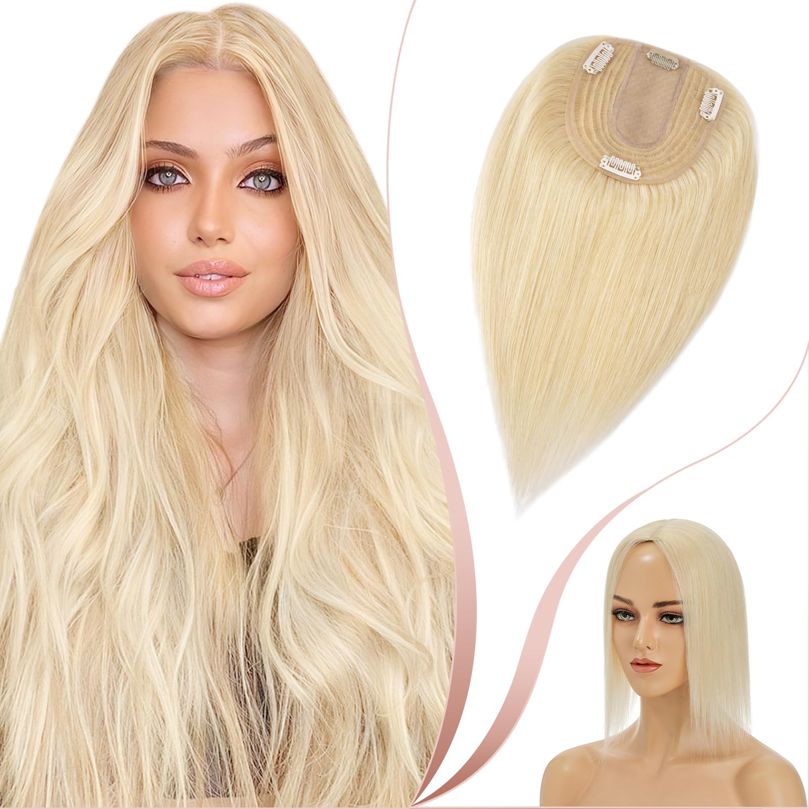 Elailite Hair Toppers For Thinning Hair Women Real Hair - 100% Real Human Hair Extensions Clip in Toupee MIDDLE SILK BASE (2.5 * 9cm) Crown HairPiece (#613 Bleach Blonde, 10 Inch) — image 1