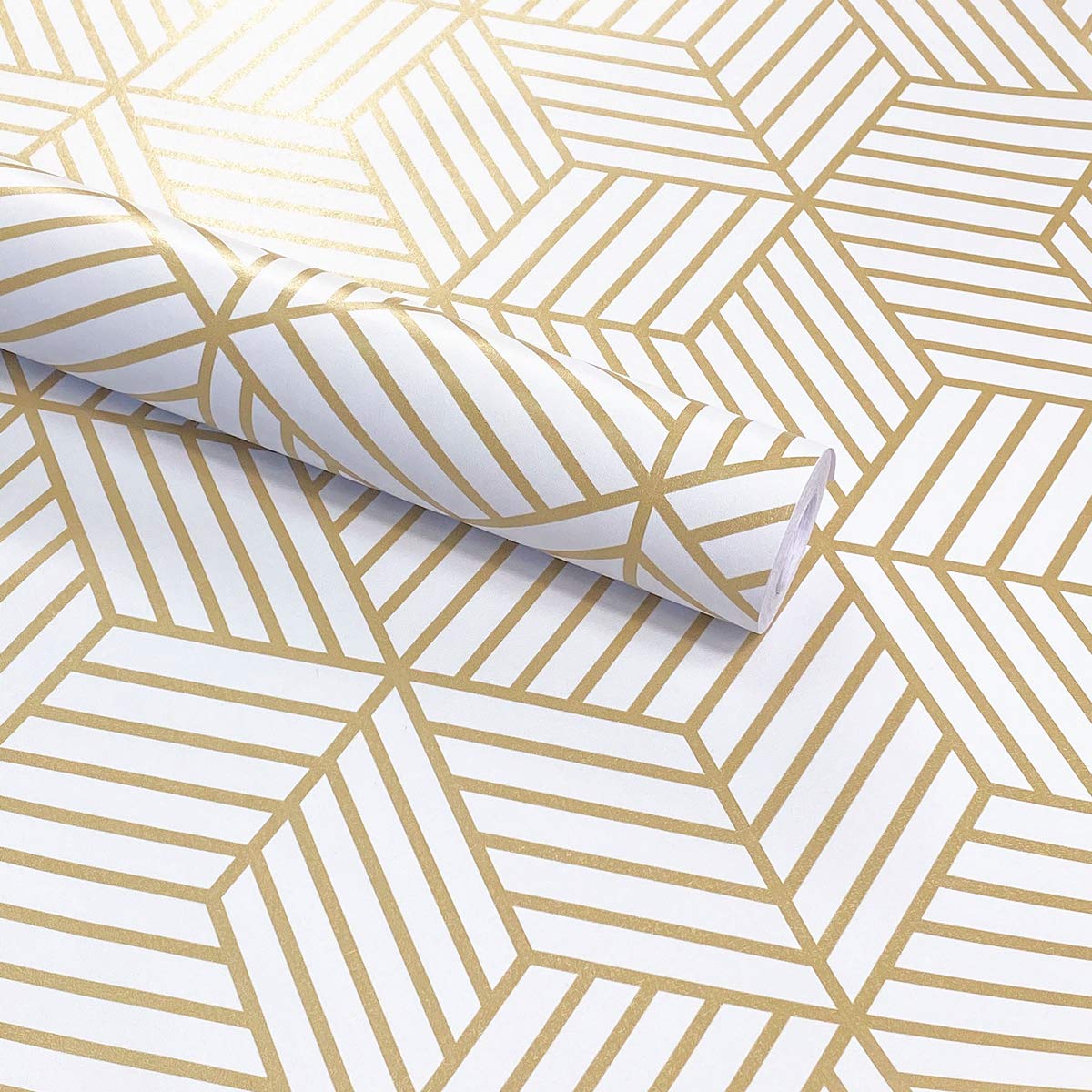 MESOAR Gold Stripped Peel Stick Wallpaper Hexagon Gold Stripes Adhesive Paper Vinyl Film Shelf Drawer Liner Sticky Back Plastic Roll 45cm by 300cm