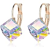 Cube Austrian Crystal Drop Leverback Earrings for Women Fashion 14K Rose Gold Plated Hypoallergenic Jewelry