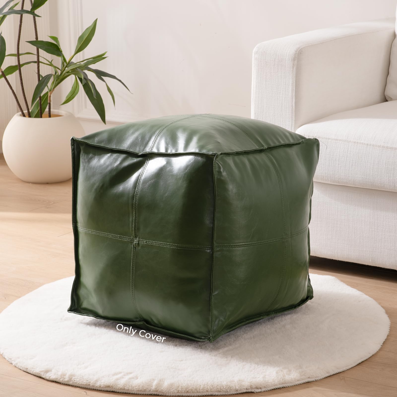 Photo 1 of Unstuffed Pouf Cover (Only Cover, No Filler), 17.7" Faux Leather Poofy Ottoman Cover, Square Footstool For Storage Living Room Decoration Foot Rest, Footrest for Bedroom Balcony Office Chair, Green