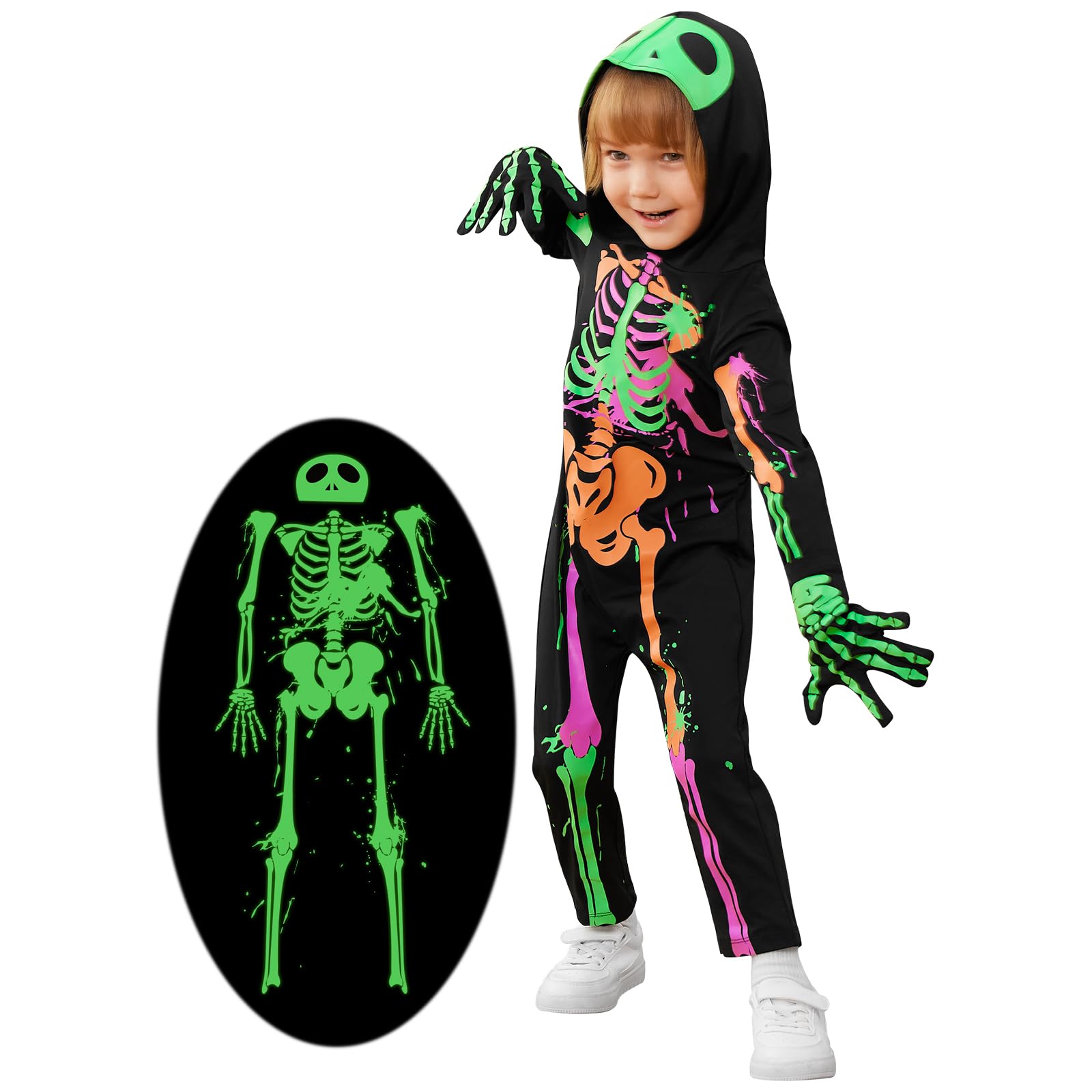 URMAGIC Children Halloween Skeleton Costumes Toddler Boys Girls Bright Scary Skull Bones Jumpsuit Glow in the Dark Baby Outfit