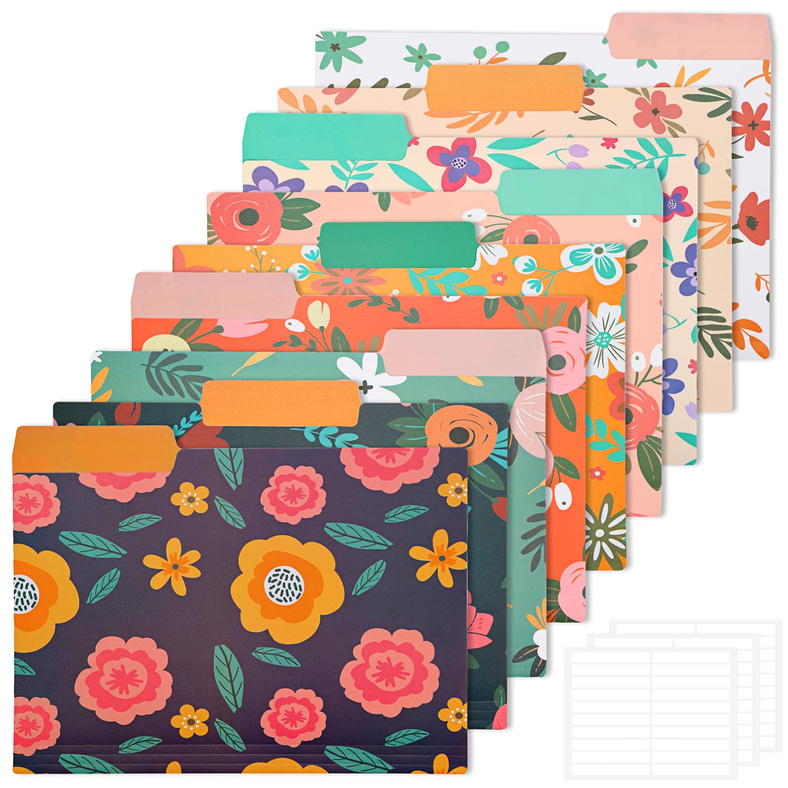 Photo 1 of EOOUT 9pcs Decorative File Folders Letter Size, 1/3-Cut Tabs Plastic File Folders for Documents with Colorful Floral Patterns and Erasable Category Labels for Notes Office and School Supplies