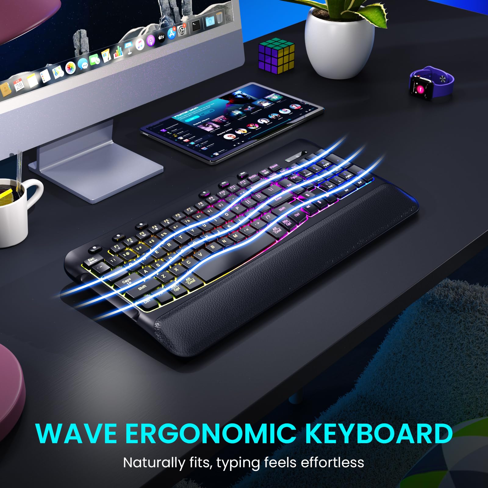COLIKES Wireless Keyboard and Mouse Combo, Ergonomic Wave, 9 RGB Backlit Effects, Leather Wrist Rest, Rechargeable 2.4G Silent Set for Computer/Windows/Mac, Black