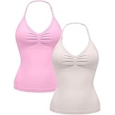 OLCHEE Womens Halter Tank Tops V Neck Impact Backless Longline Strappy Adjustable Gym Workout Top Padded