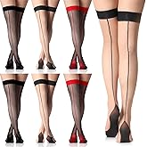 Sintege 6 Pairs Women Seamed Thigh High Stockings Cuban Heel Stockings Sheer Socks Backseam Thigh High Closed Toes Socks