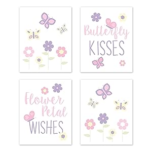 Sweet Jojo Designs Butterfly Wall Art Prints Room Decor for Baby, Nursery, and Kids - Set of 4 - Pink and Purple Floral Flower Garden Kisses and Wishes