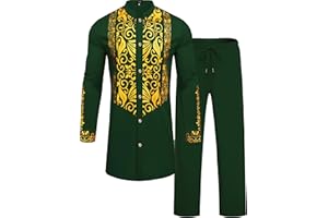 ZSJR Mens African 2 Piece Sets Dashiki Metallic Traditional Suit Gold Stamp Printed Shirt and Pants Outfit