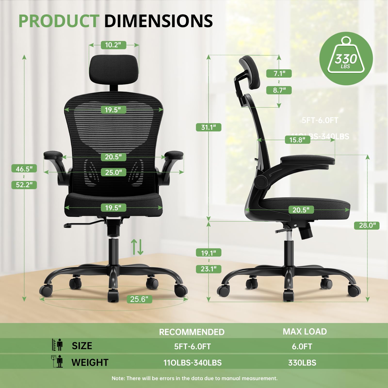 Silla de Oficina Silla de Escritorio Ergonómica, Capacidad de 330 Libras, Silla de Computadora con Respaldo Alto para Largas Horas Cómoda, Silla de Trabajo Ejecutiva Giratoria con Ruedas para Oficina en Casa con Reposabrazos Abatibles, Negro