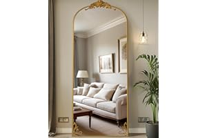 Antok Arched Full Length Mirror, 64"×21" Floor Mirror Freestanding with Carved Metal Frame & Bottom Art Carved, Full Body Mirror for HomeDecor, Standing/Halling Large Wall Mirror for Bedroom,Gold