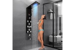 AOOCHU Shower Systems LED Shower Panel Hand Shower Panel Tower System Wall Mounted Showerheads With 8Jets Nozzles Bathrooms 6Function Waterfall Jets Faucet Anti-Drip Design For Home Hotels Resorts (Black)