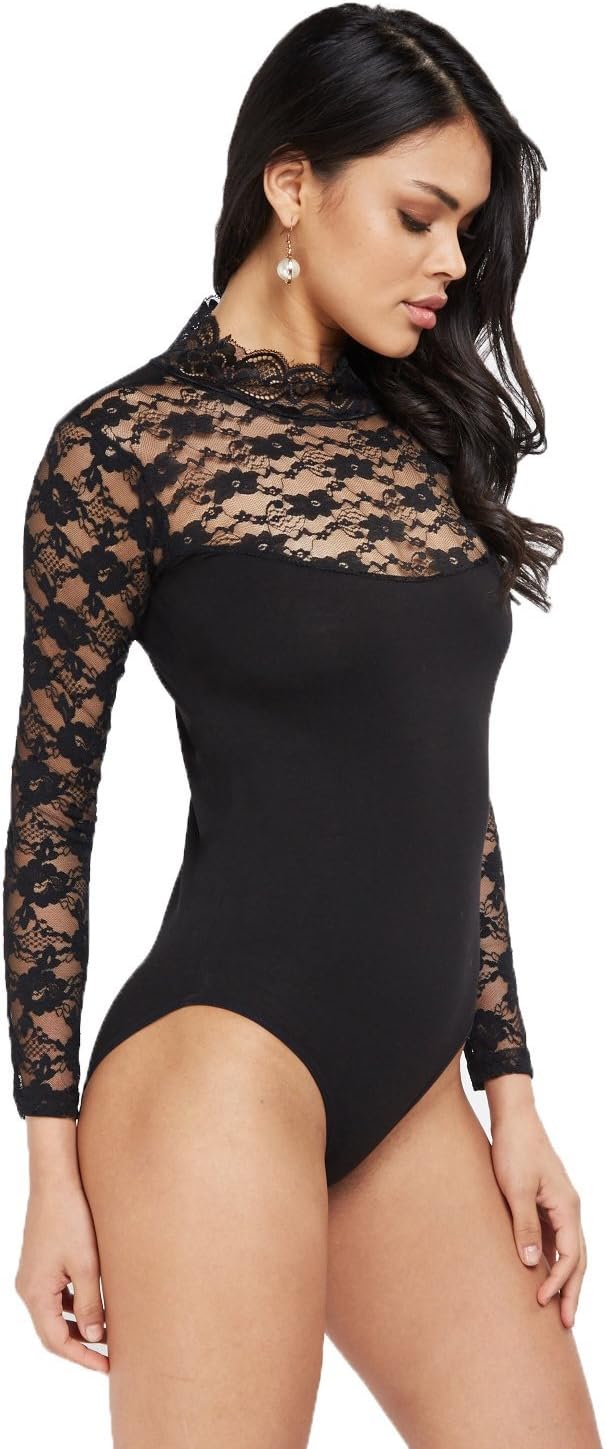 kota New Womens Ladies Long Sleeve Plain HIGH Turtle LACE Neck Bodysuit Leotard 6076