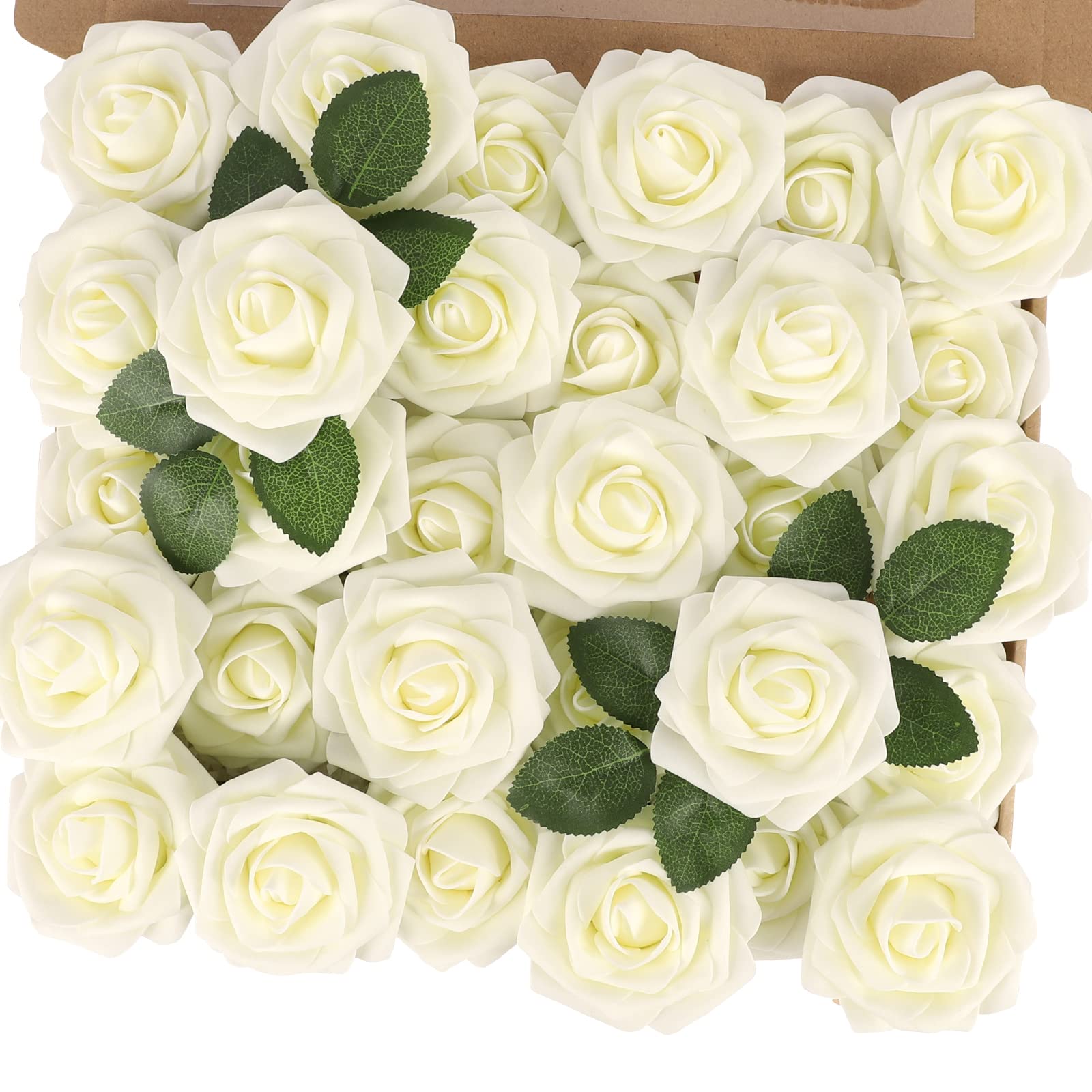 N&T NIETING Artificial Rose Flowers, 30Pcs Ivory Real Touch Fake Foam Roses for Bridesmaid Bridal Bouquets, Valentine's Day, Mother's Day, Wedding Party, Baby Shower, Christmas Decoration