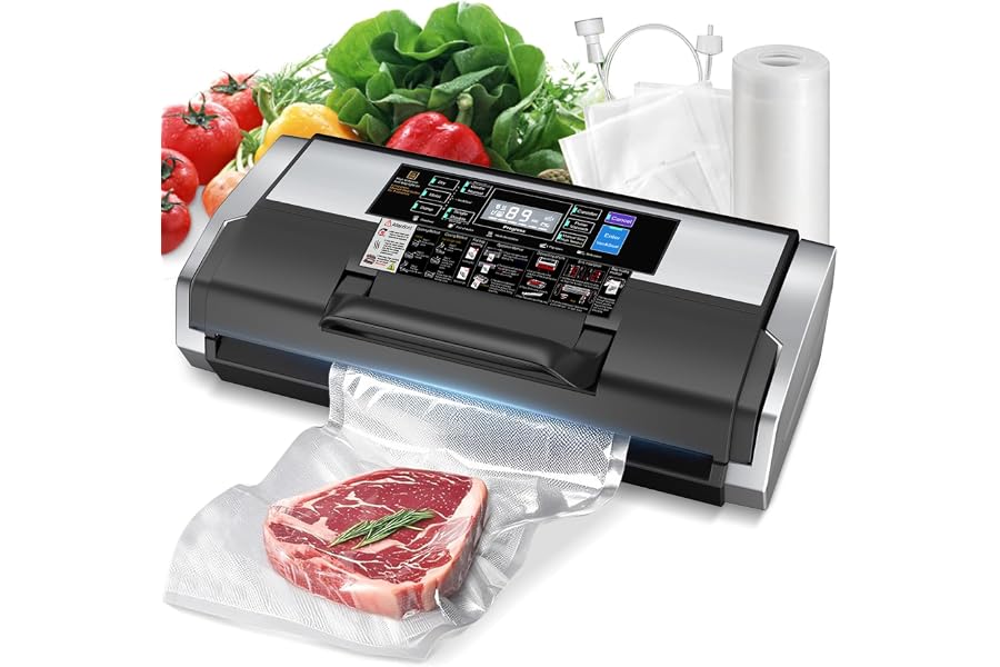 95KPa Vacuum Sealer Machine- Fully Automatic Commercial Food Sealer with 10-in-1 System, Double Heat Seal, Easy-Lock Handle & Built-in Cutter, Includes 1 Roll + 15 Bags (Black Silver)