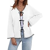 JUYUEO Tie Front Bow Cardigan for Women Trendy 2025 Casual Bell Long Sleeve Chunky Knit Cardigan Sweater Winter Clothing Coat