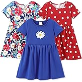 PATPAT Toddler Girl Floral Skater Multipack Dresses 3-Pack Polka Dots Short Sleeve Priness A-line Dress