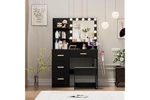 Alaxgumrol Makeup Vanity with Lights & Mirror, Vanity Desk with Power Outlet, White Vanity Set with 2 Drawers, Dressing Table with Adjustable 3 Lighting Color (Black, Left Drawers)