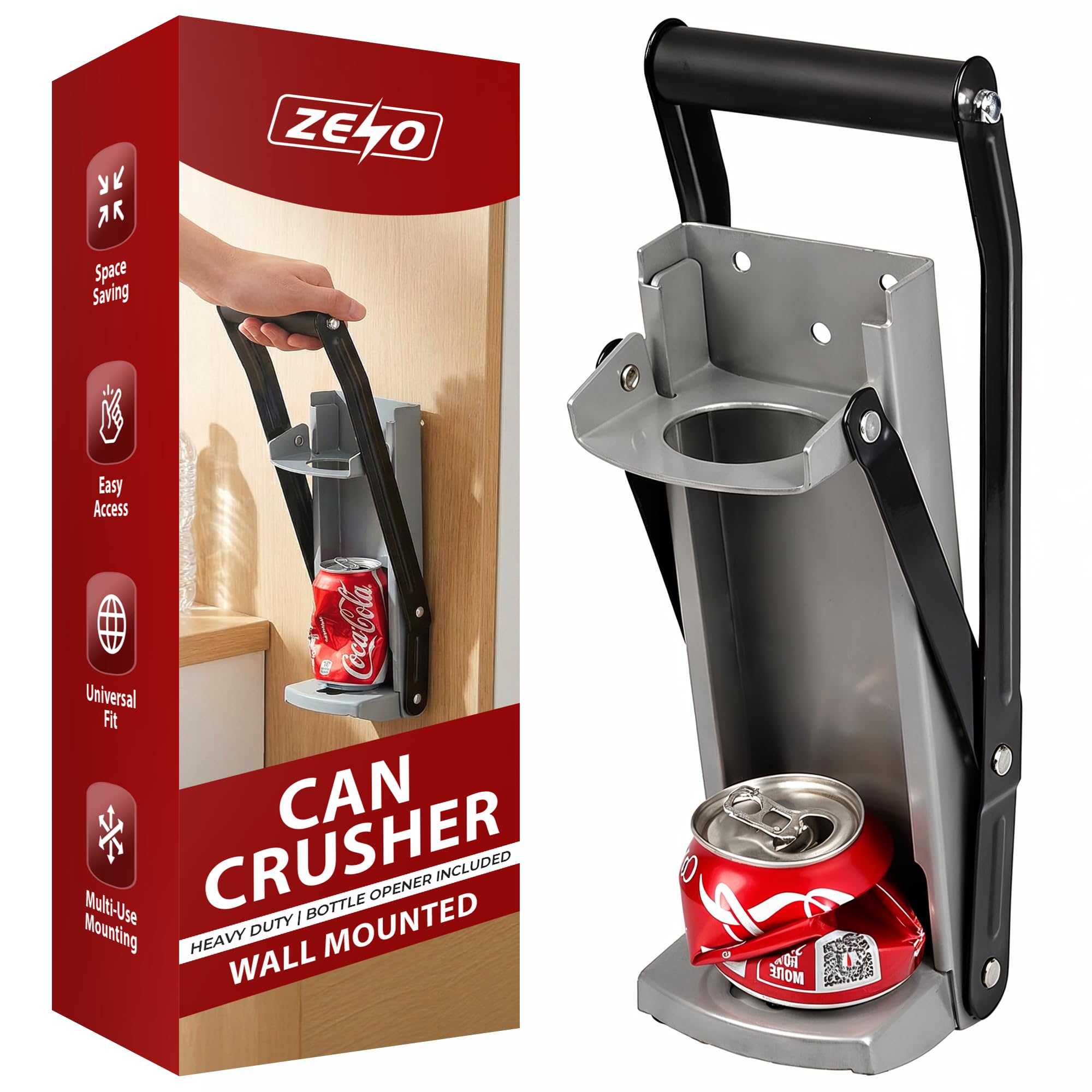 ZENO Can Crusher & Bottle Opener | 500ML Heavy Duty 16OZ 2 in 1 Crushes Soda Cans and Beer Cans | Large Beer Tin Can Crusher Wall Mounted Recycling Tool Bottle Opener | Plastic Bottle Crusher