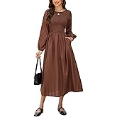 YEXPINE Women's Striped Long Sleeve Midi Dress Smocked Swing A Line Casual Dress with Pockets