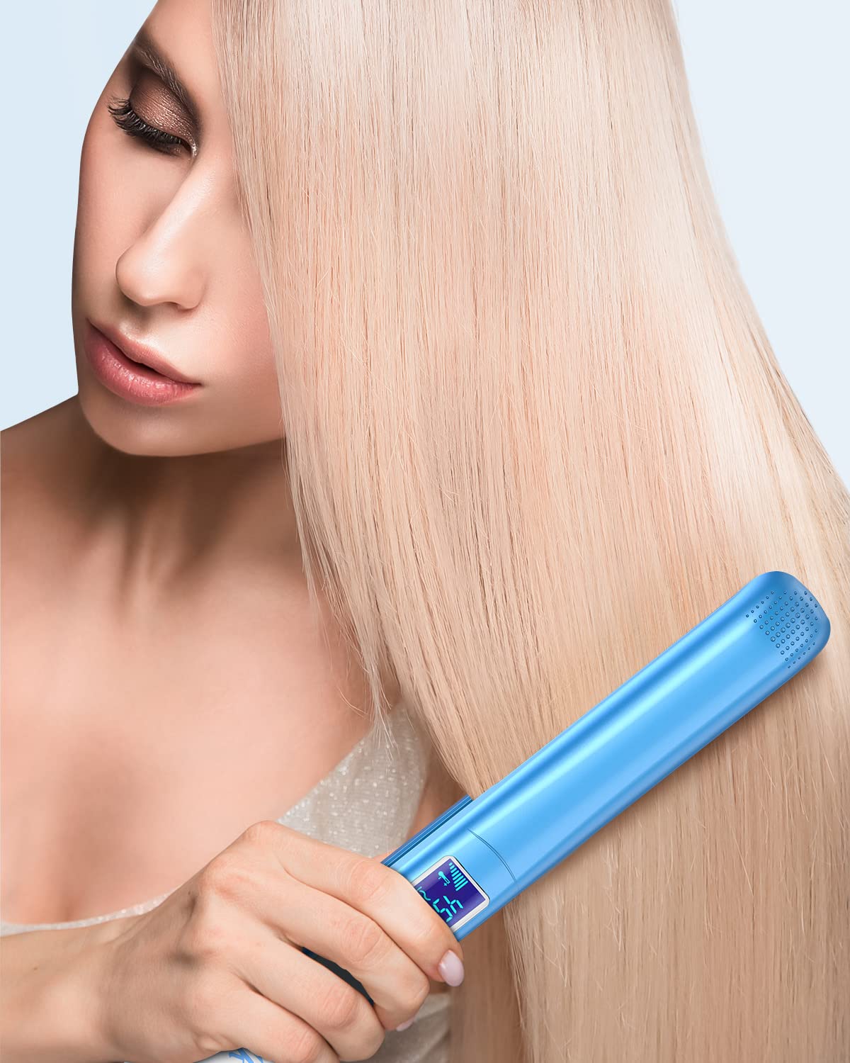 Wavytalk Pro Flat Iron (Blue), 1 inch, Pure Titanium Plates, 15 Temperature Settings, LCD Display, Dual Voltage for Worldwide Use, Hair Straightener and Curler for All Hairstyles