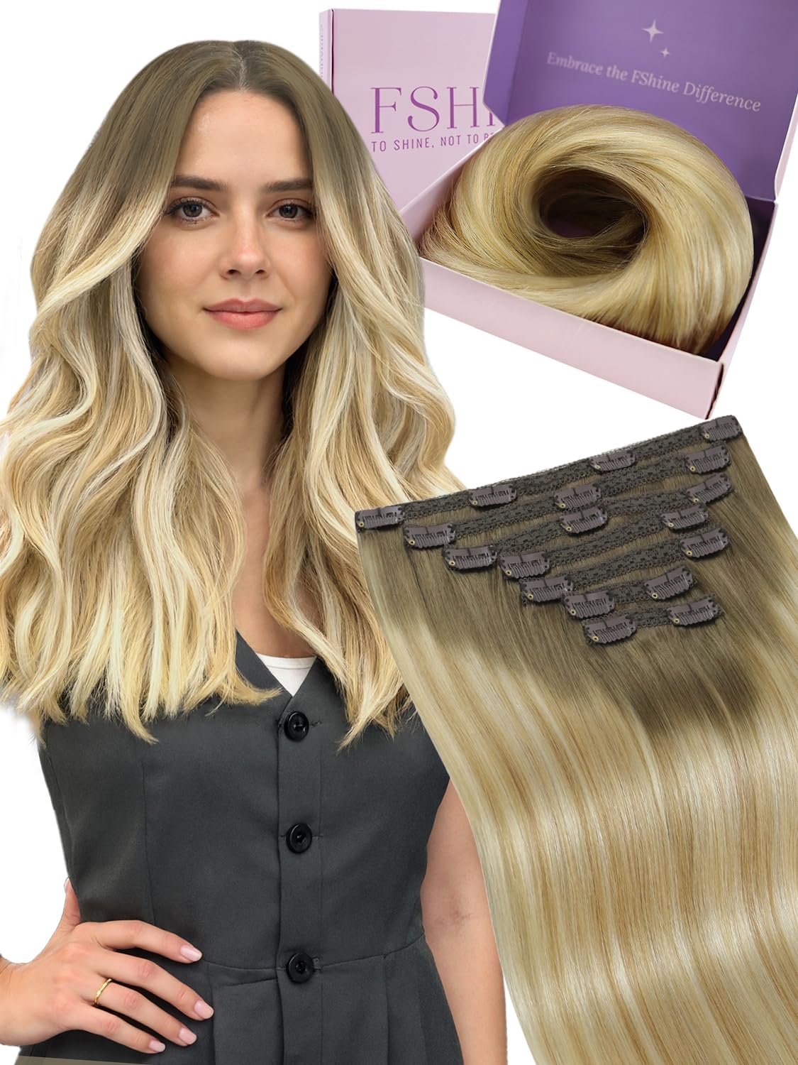 Fshine Seamless Clip in Hair Extensions Human Hair,14 Inch Balayage Clip in Extensions,Color 6 27 60 Medium Brown to Honey Blonde,120 g 7 Pcs,Blends Perfectly for a Natural Look — image 1