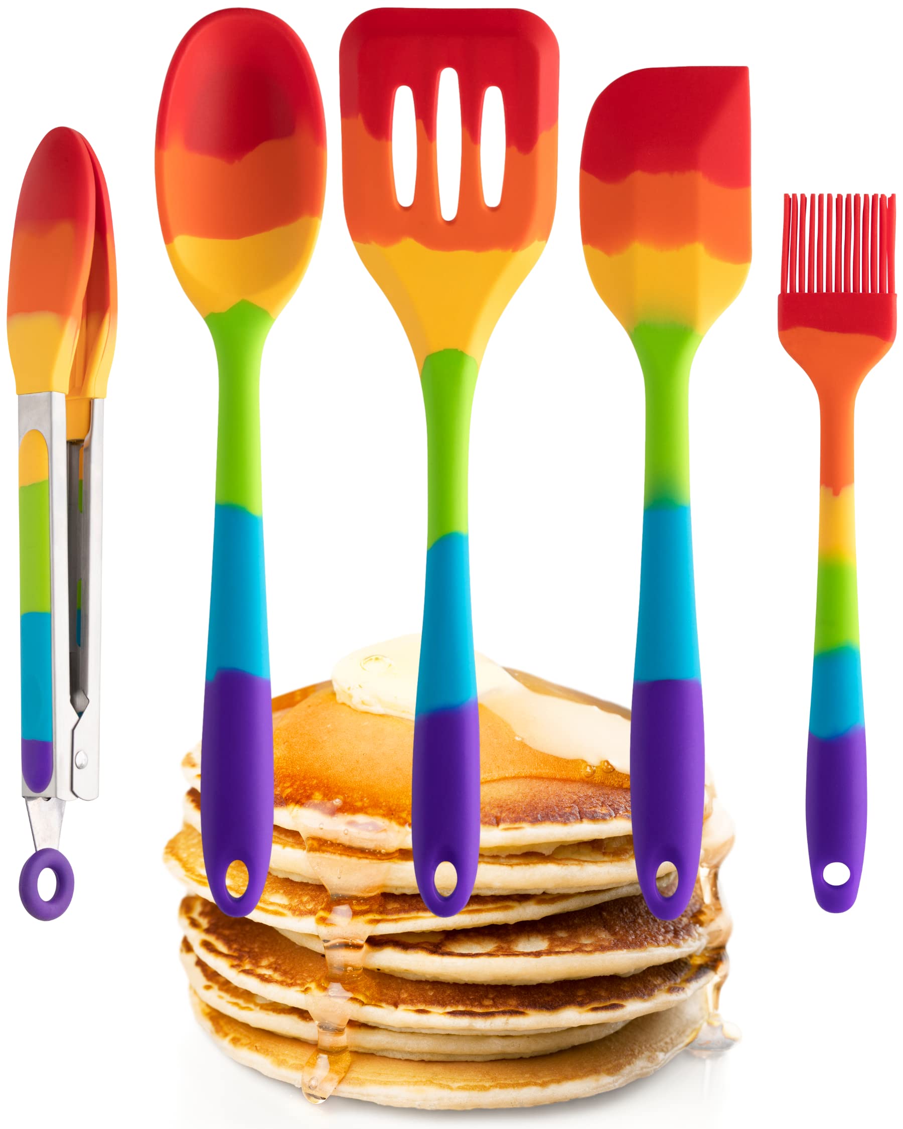 Taylors Eye Witness Rainbow Silicone Turner, Spoon, Spatula, Tongs and Brush Set – Dishwasher Safe, Heat Resistant, 5 Piece Set