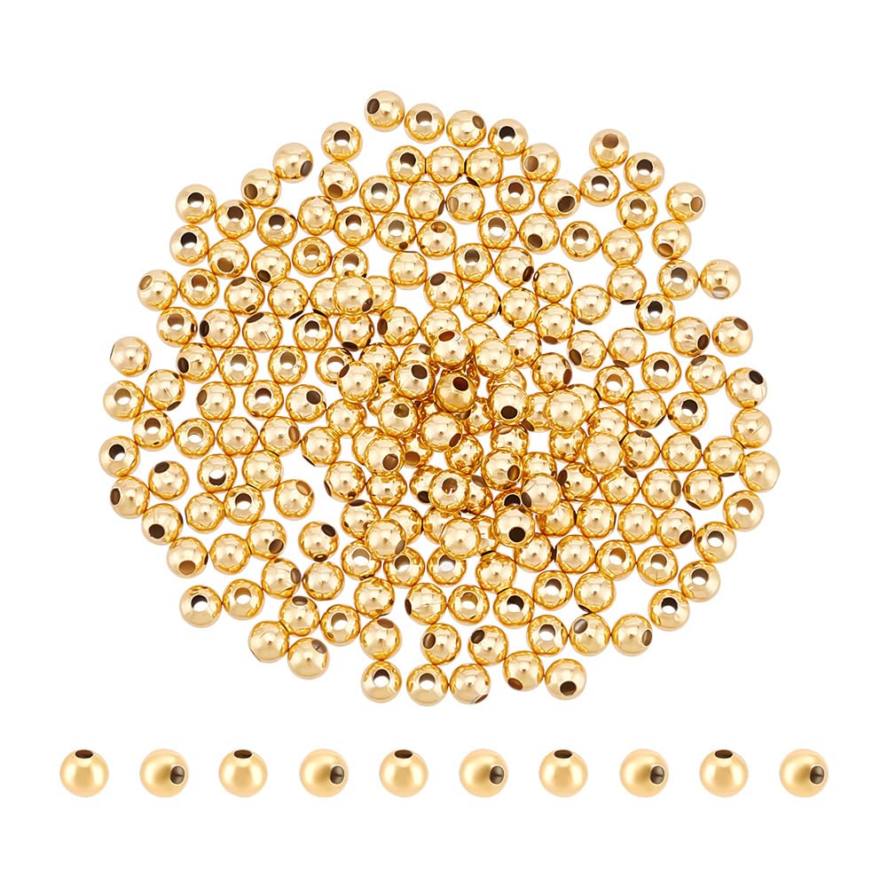 UNICRAFTALE About 200pcs Real 18K Gold Plated Round Beads Brass Spacer Beads 4mm Smooth Beads Seamless Loose Connector Beads Rondelle Spacer Beads for DIY Bracelet Necklace Jewelry Making