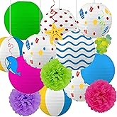 JIEFULL 16 Pcs Summer Party Paper Lanterns Flowers Honeycomb Pom Poms Hanging Swirls, Beach Ball Pool Luau Hawaiian Luau Tropical Colorful Decor for Home Birthday Outdoor Indoor Decorations