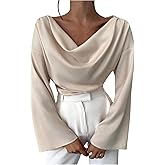 MakeMeChic Women's Cowl Neck Satin Blouse Bell Sleeve Drop Shoulder Elegant Blouse Work Tops Fall Clothes