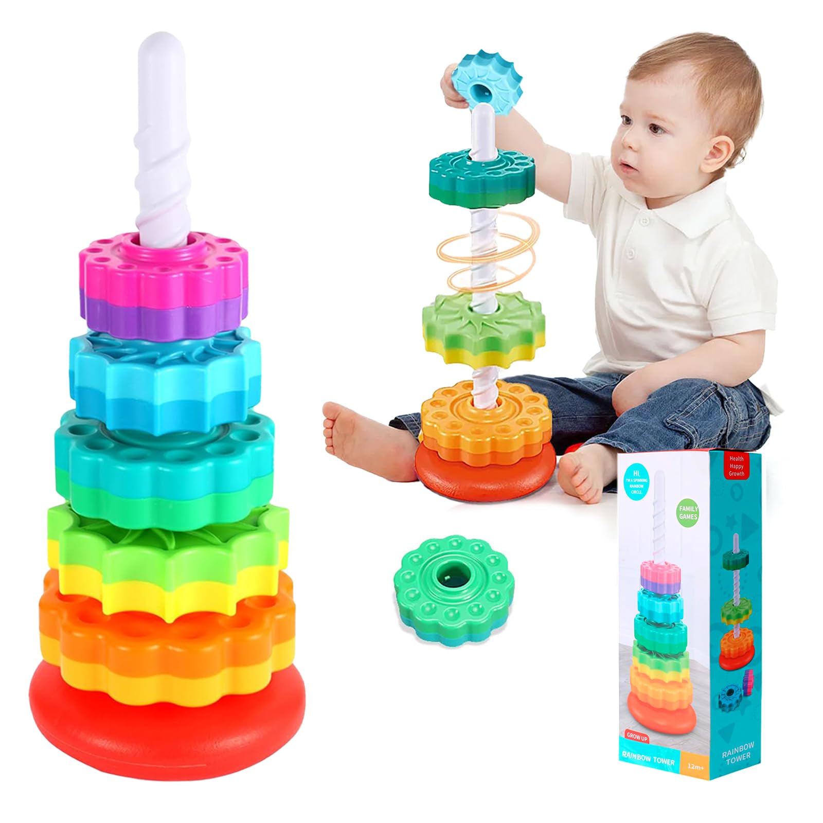 71Nmly Spinning Stacking Toys Baby Spinning Toy Rainbow Tower Stress Relief Stacking Rings Game Kids Stackable Educational Toy for Toddlers Plugging Family Games for 12 Months