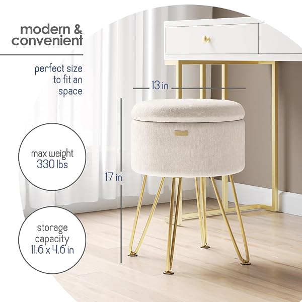 STORAGEBUD ROUND OTTOMAN WITH STORAGE, TEXTURED VELVET STORAGE OTTOMAN, FOOT STOOL OTTOMANS, MAKEUP VANITY STOOL, SMALL OTTOMANS FOOT REST, MODERN VANITY STOOLS FOR LIVING ROOM AND BEDROOM, CREAM