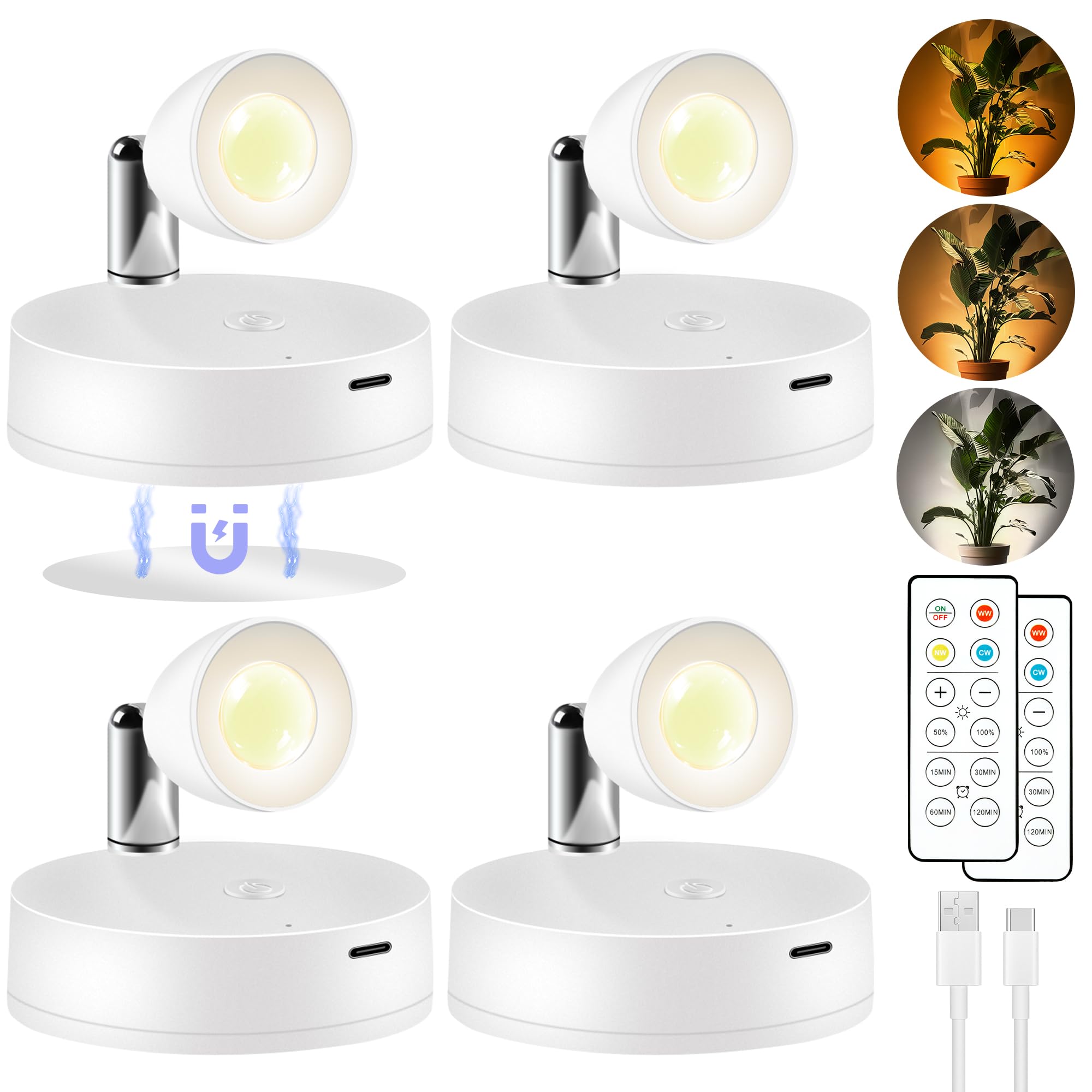 Photo 1 of 4 Pack Rechargeable Spot Lights Indoor, Battery Operated Plant Light, Wireless Tree Uplighting Lights, Mini Picture Accent Light for Wall Display Artwork Dartboard