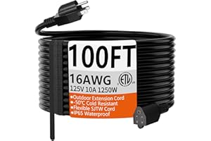 HUANCHAIN 100 FT 16 Gauge Black Indoor Outdoor Extension Cord Waterproof, Flexible Cold Weather 3 Prong Electric Cord Outside, 10A 1250W 125V 16AWG SJTW, ETL Listed